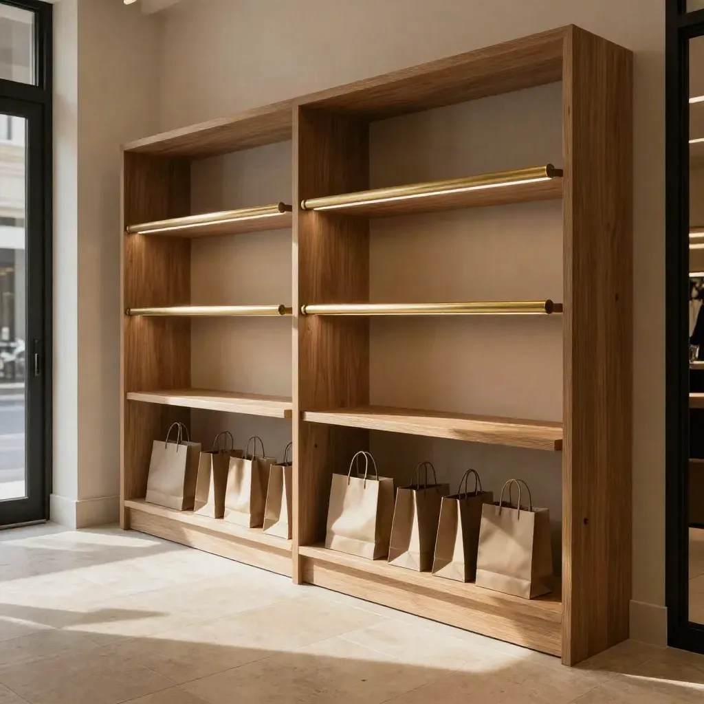 Ny butikslokal med ekhyllor, belysta räls och shoppingpåsar vid entrén