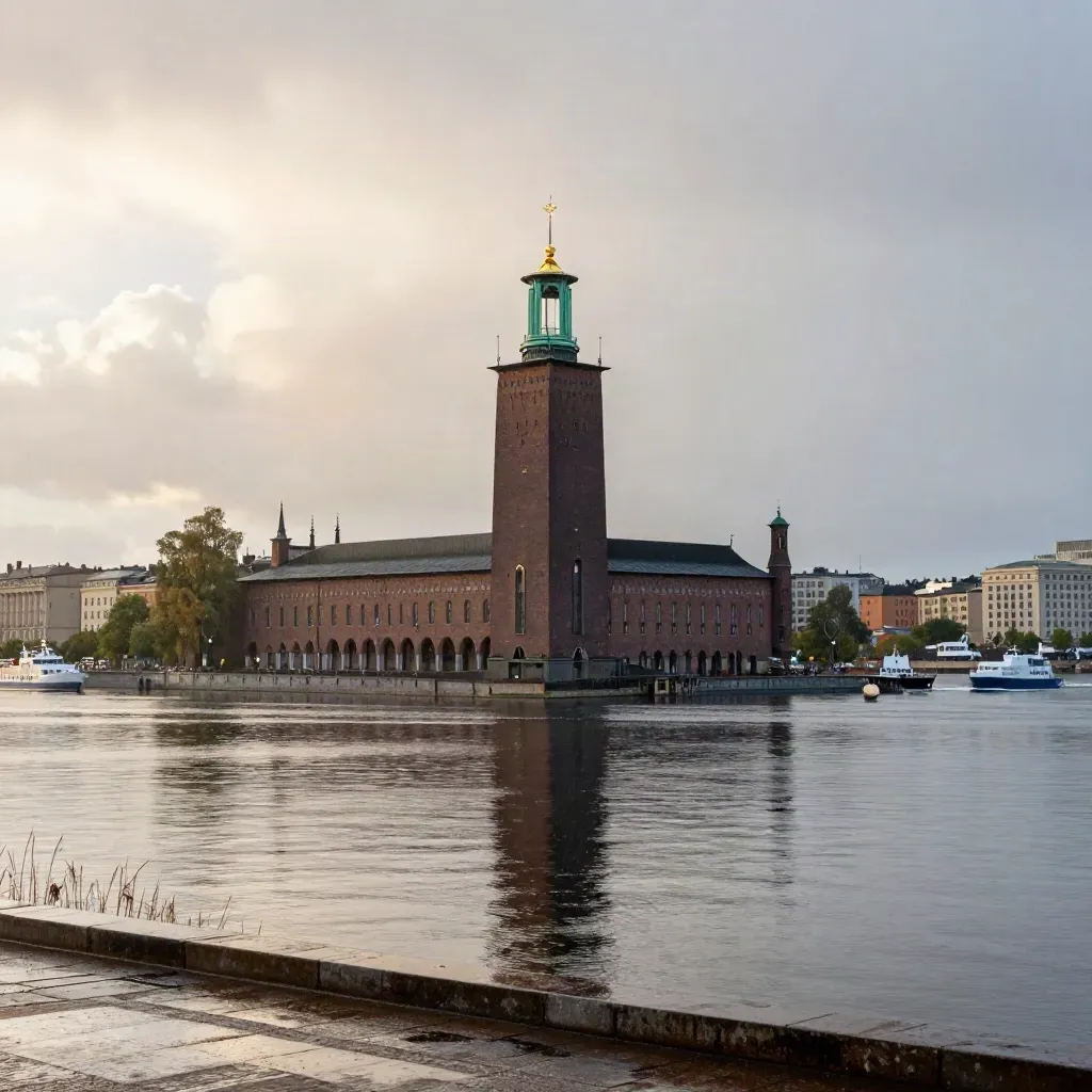 Stockholms stadshus över lugnt vatten med regnhaze och varmt ljus